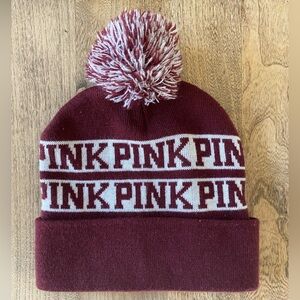 PINK Victoria's Secret Maroon Pom-Pom Beanie